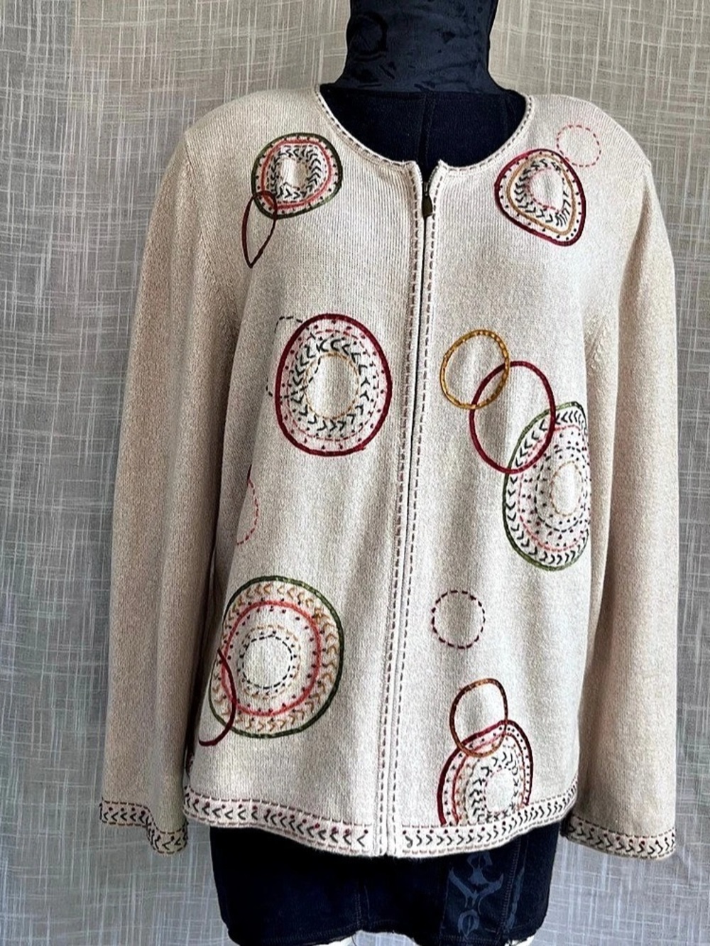 alfred dunner Embroidered Zip Cardigan in Cream Large Sz Large